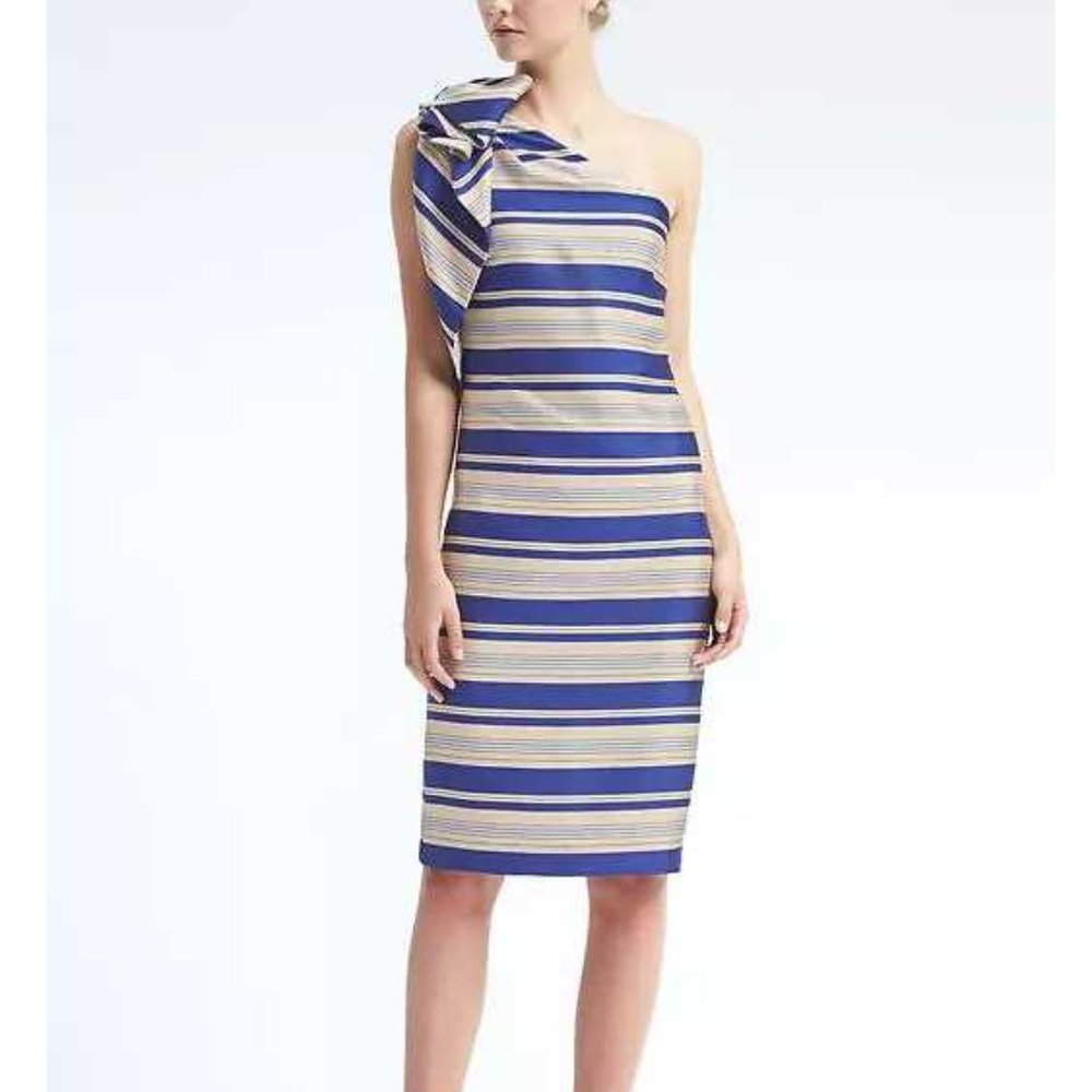 New Banana Republic one shoulder bow stripe dress